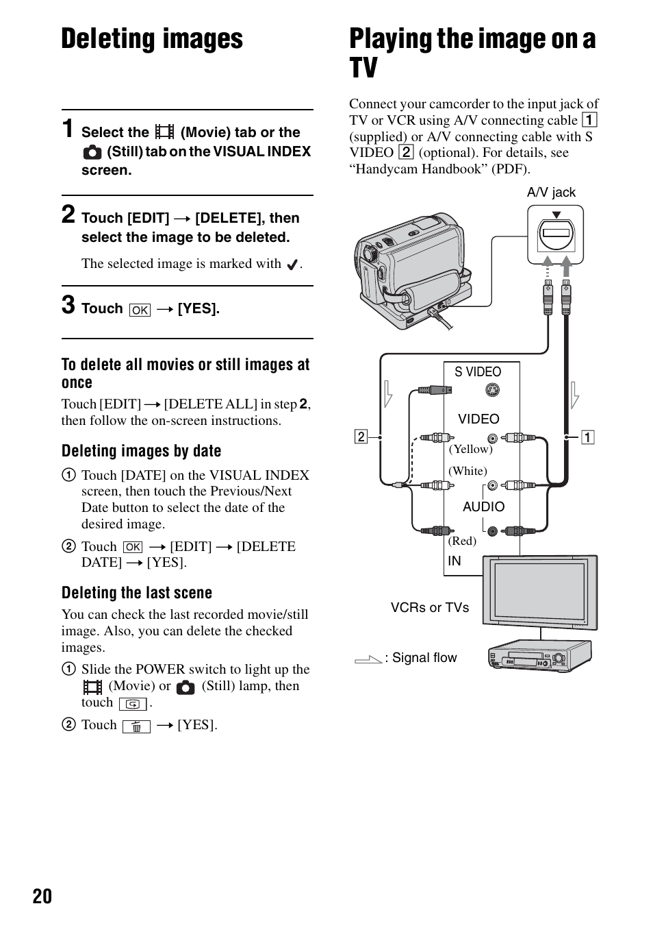 Deleting images, Playing the image on a tv, P.20) | Deleting images playing the image on a tv | Sony DCR-SR80 User Manual | Page 20 / 35
