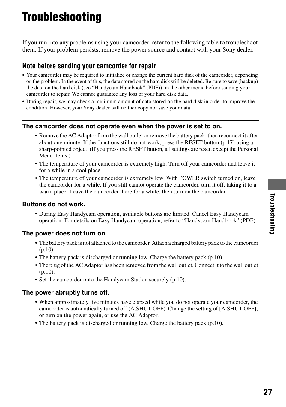 Troubleshooting | Sony DCR-SR80 User Manual | Page 27 / 35