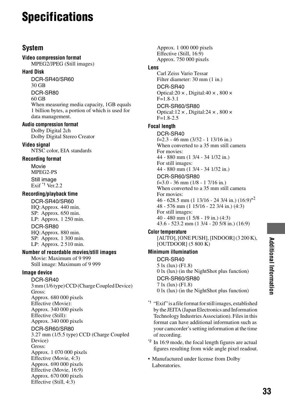 Specifications, System | Sony DCR-SR80 User Manual | Page 33 / 35