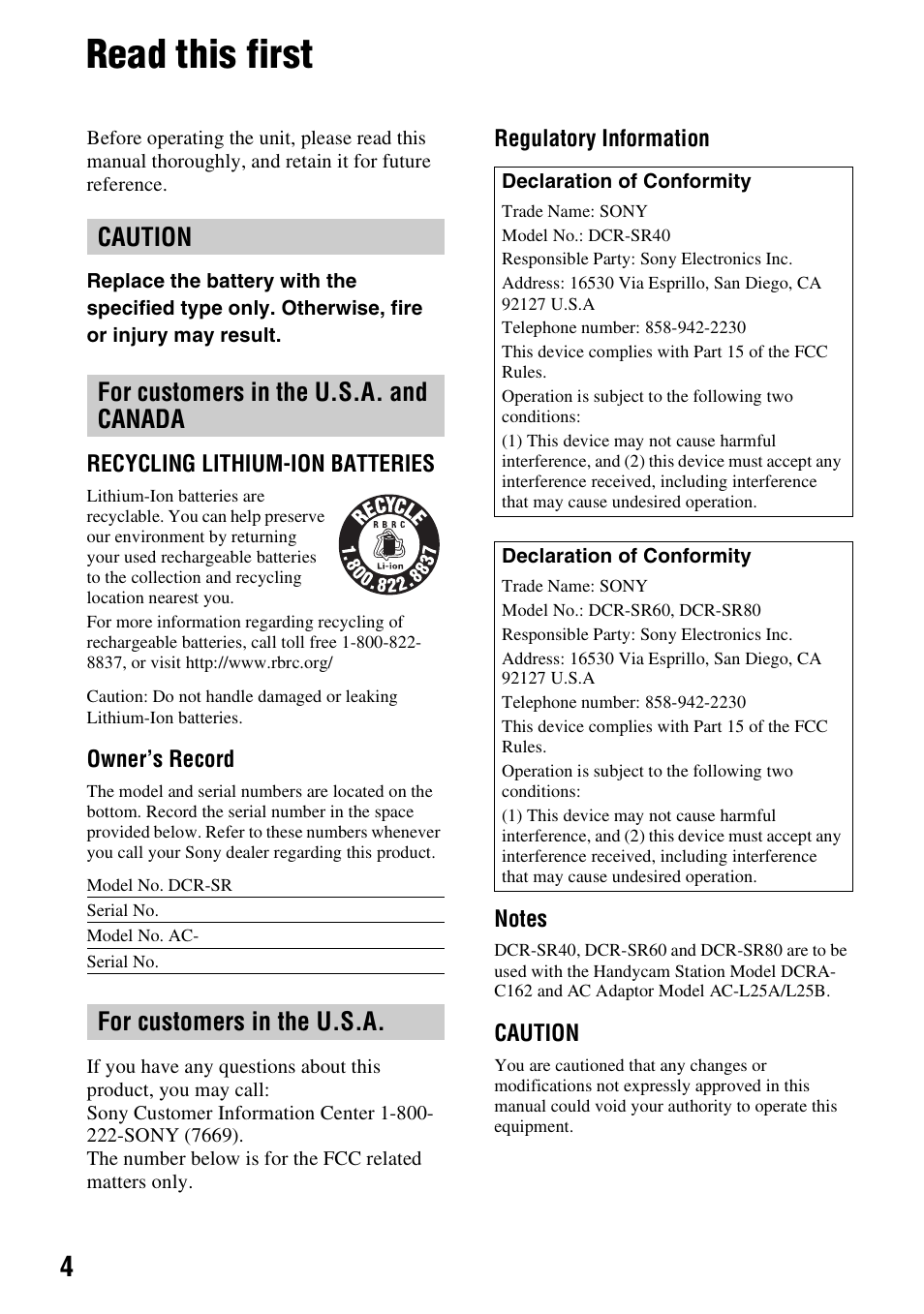 Read this first, Caution for customers in the u.s.a. and canada, For customers in the u.s.a | Sony DCR-SR80 User Manual | Page 4 / 35