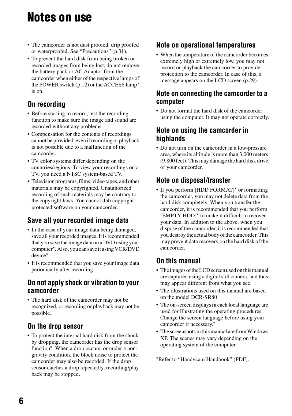 Notes on use | Sony DCR-SR80 User Manual | Page 6 / 35