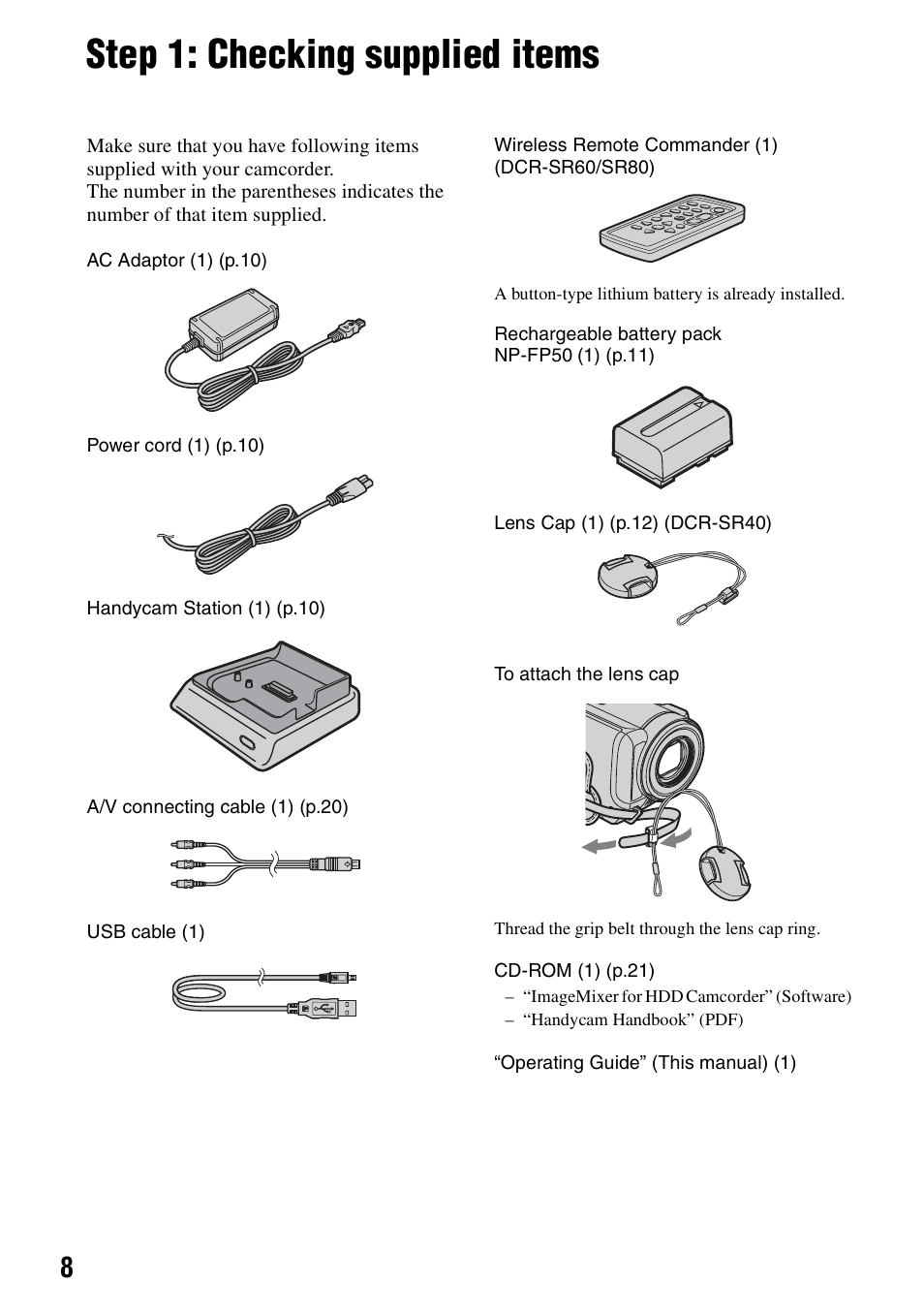 Getting started, Step 1: checking supplied items | Sony DCR-SR80 User Manual | Page 8 / 35