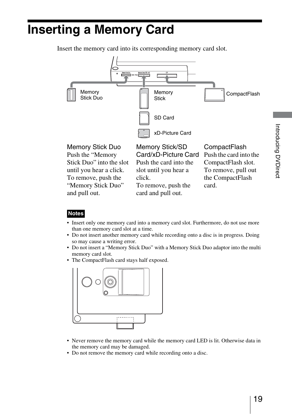 Inserting a memory card | Sony VRD-MC3 User Manual | Page 19 / 88