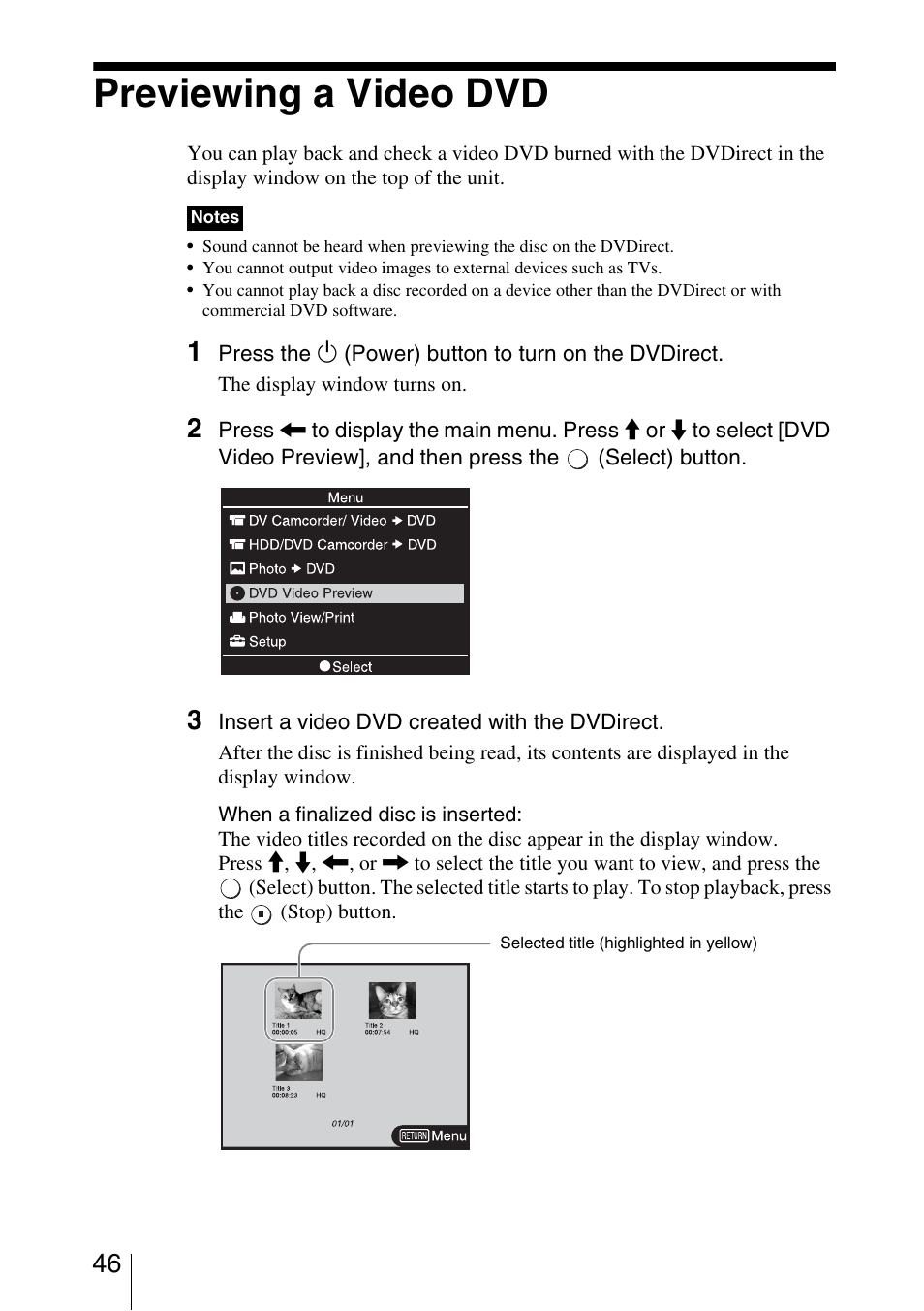 Previewing a video dvd | Sony VRD-MC3 User Manual | Page 46 / 88