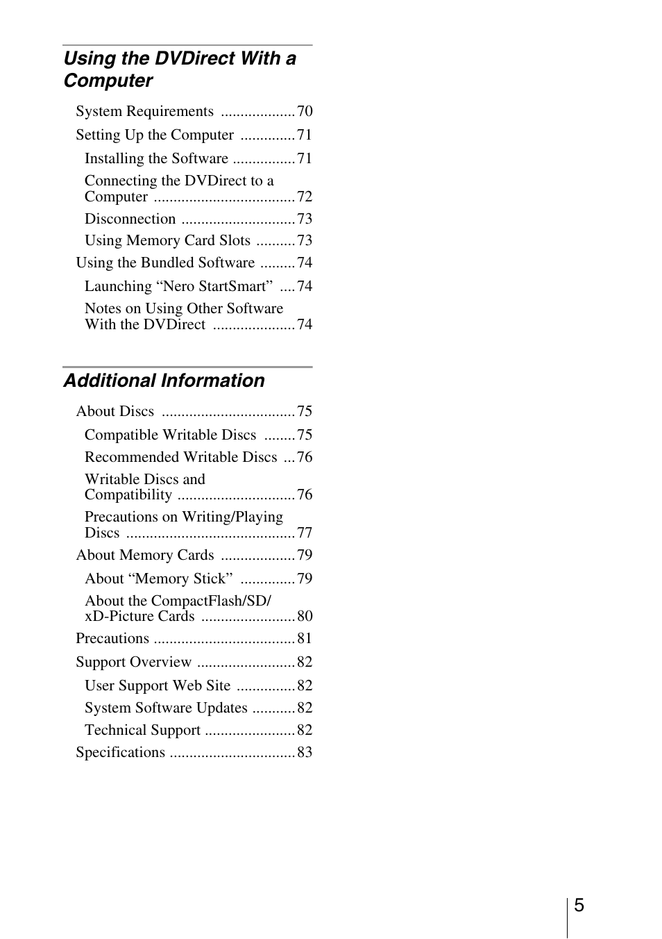 5using the dvdirect with a computer, Additional information | Sony VRD-MC3 User Manual | Page 5 / 88