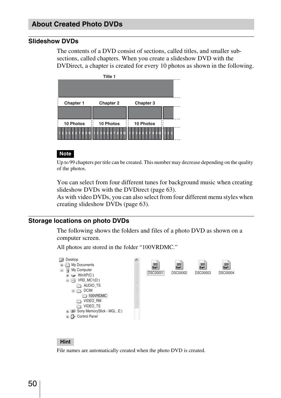 About created photo dvds, All photos are stored in the folder “100vrdmc | Sony VRD-MC3 User Manual | Page 50 / 88