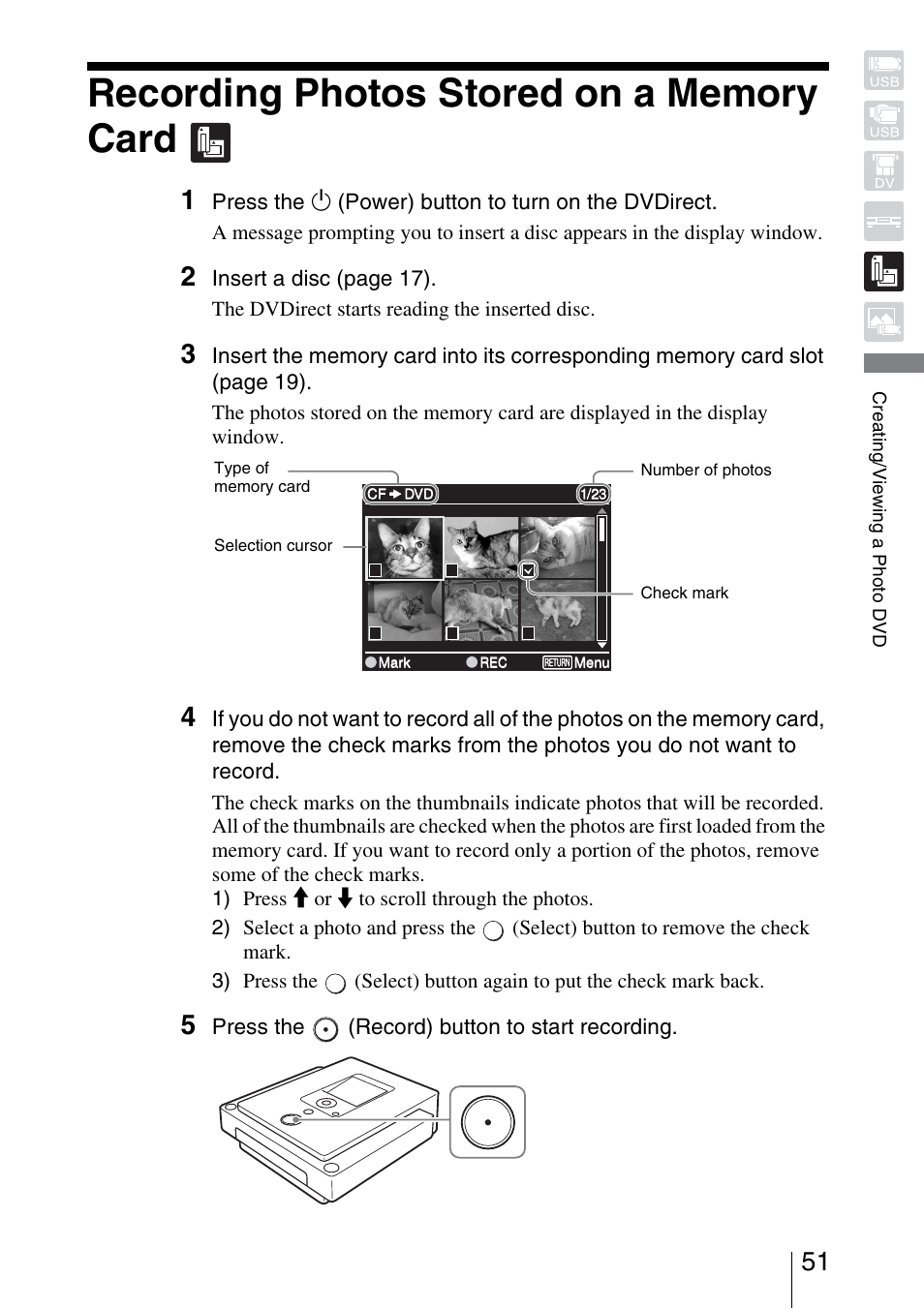 Recording photos stored on a memory card | Sony VRD-MC3 User Manual | Page 51 / 88