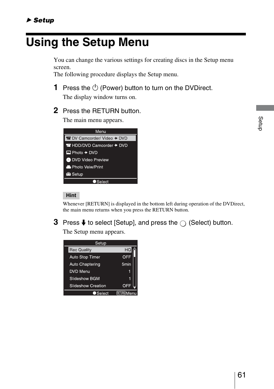 Setup, Using the setup menu, Settings | Sony VRD-MC3 User Manual | Page 61 / 88