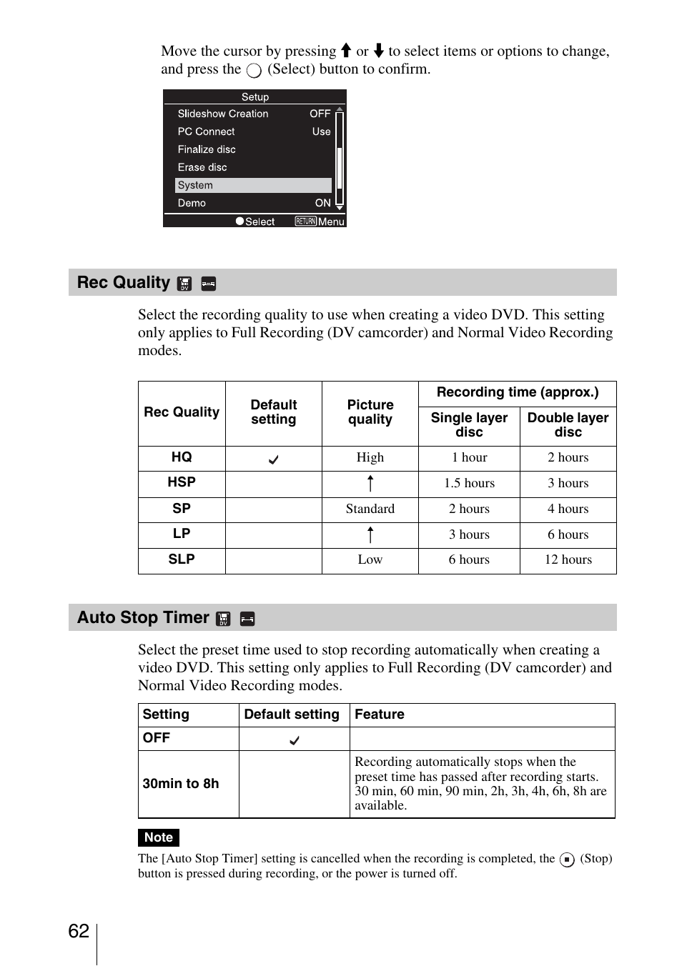 Rec quality, Auto stop timer | Sony VRD-MC3 User Manual | Page 62 / 88