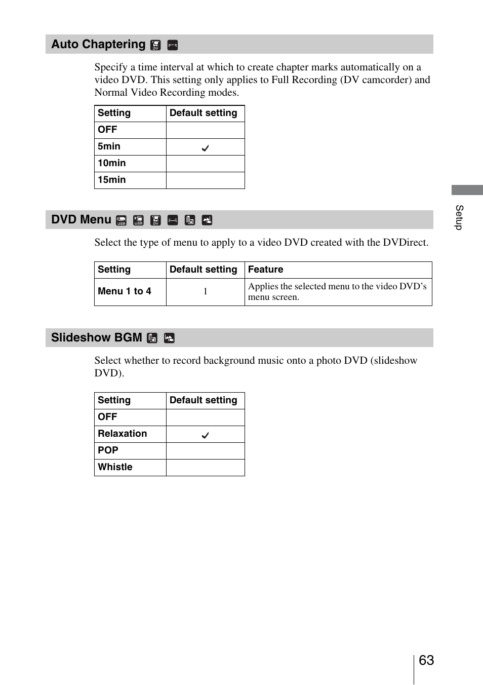 Auto chaptering, Dvd menu, Slideshow bgm | Sony VRD-MC3 User Manual | Page 63 / 88