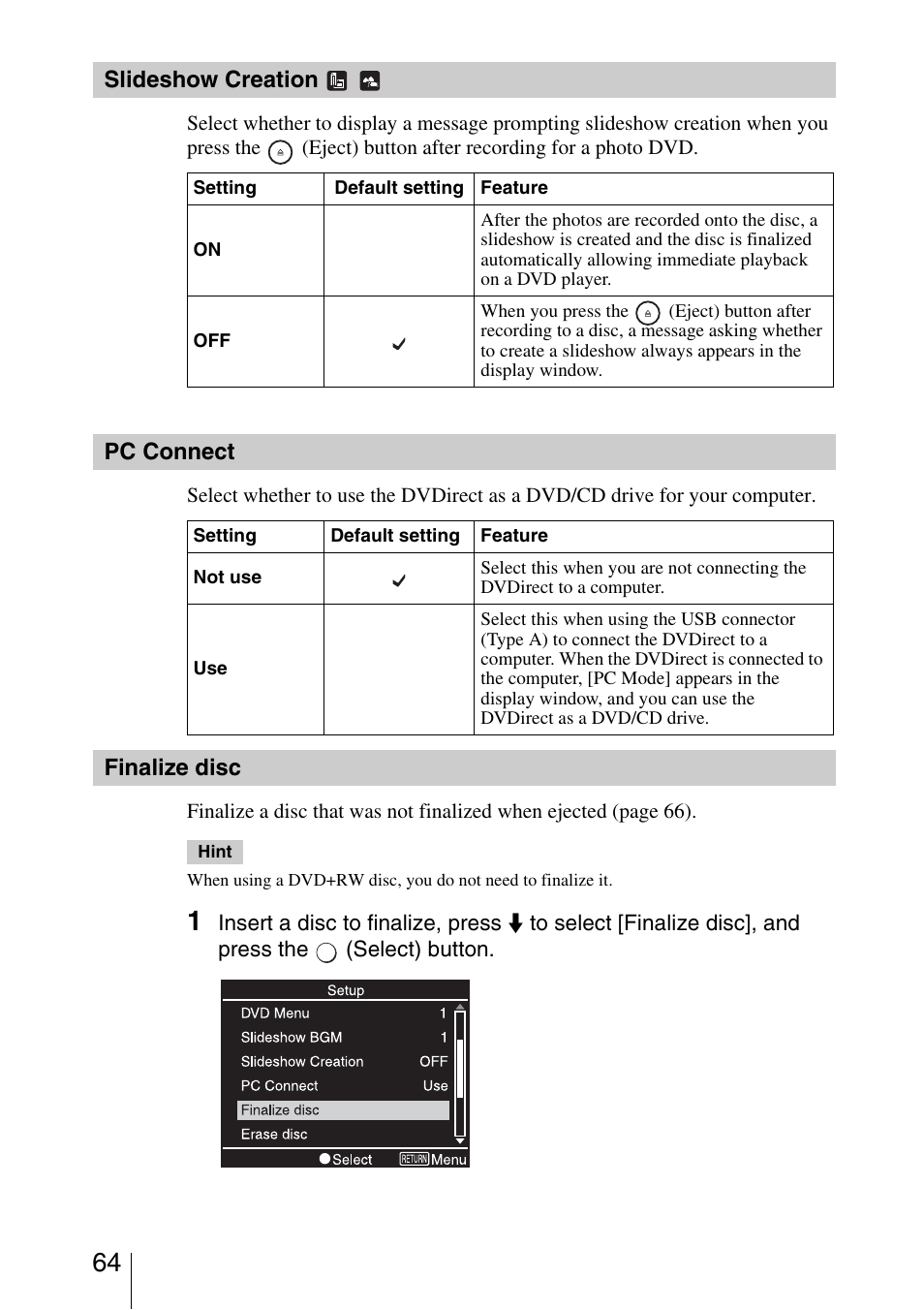 Slideshow creation, Pc connect, Finalize disc | Sony VRD-MC3 User Manual | Page 64 / 88