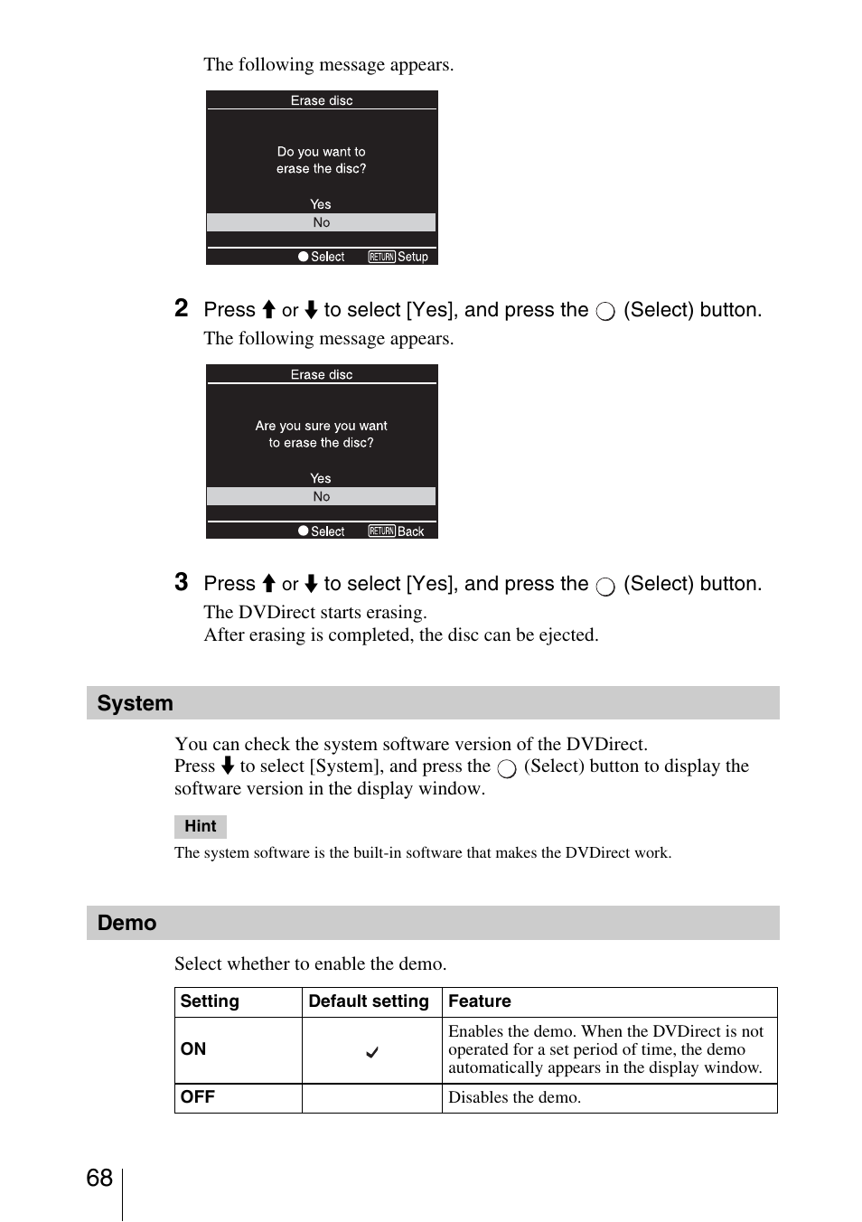 System, Demo | Sony VRD-MC3 User Manual | Page 68 / 88