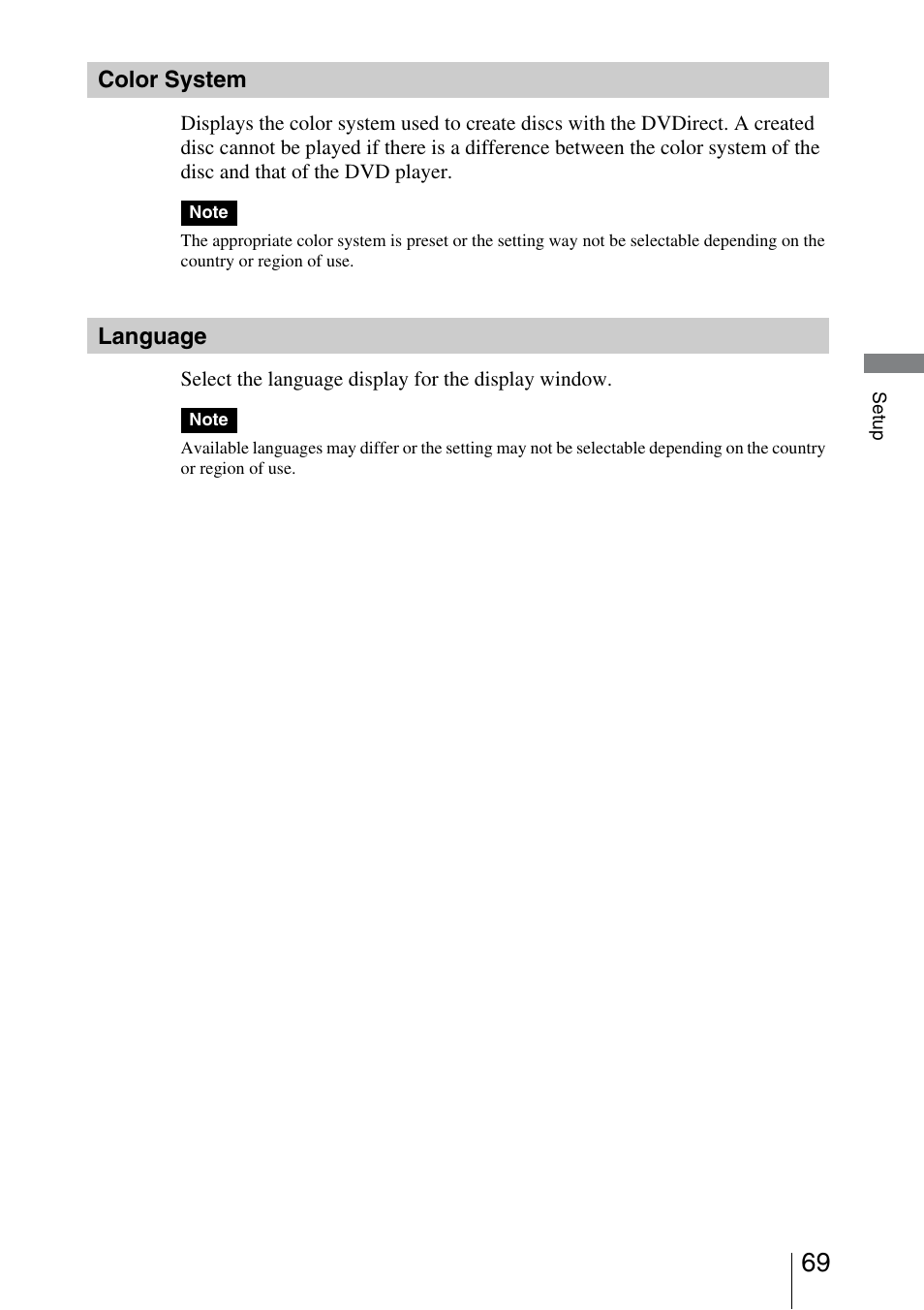 Color system, Language | Sony VRD-MC3 User Manual | Page 69 / 88