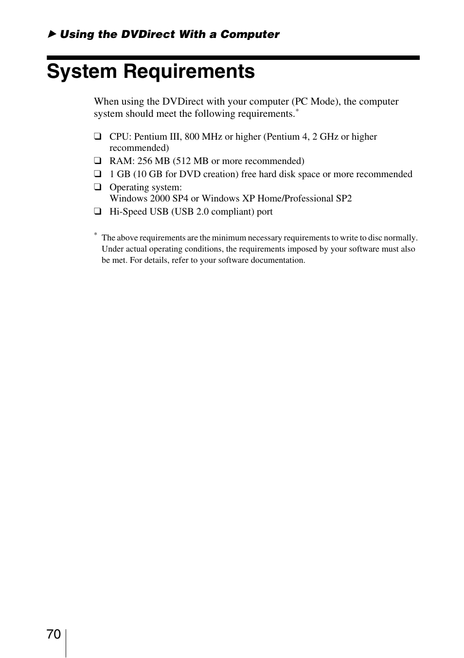 Using the dvdirect with a computer, System requirements | Sony VRD-MC3 User Manual | Page 70 / 88