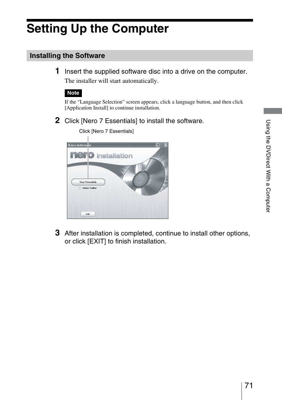 Setting up the computer, Installing the software | Sony VRD-MC3 User Manual | Page 71 / 88