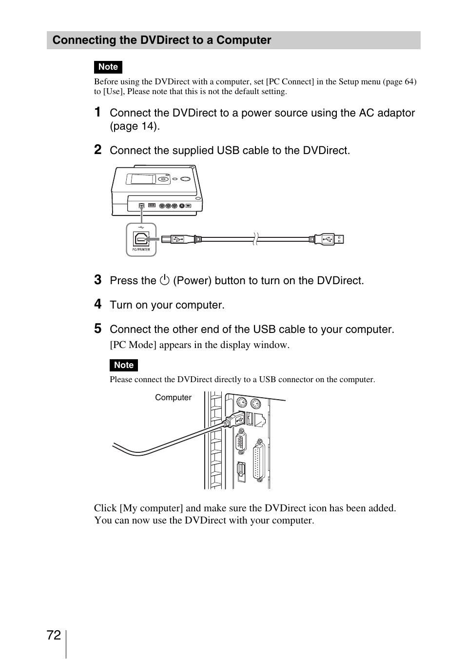 Connecting the dvdirect to a computer | Sony VRD-MC3 User Manual | Page 72 / 88