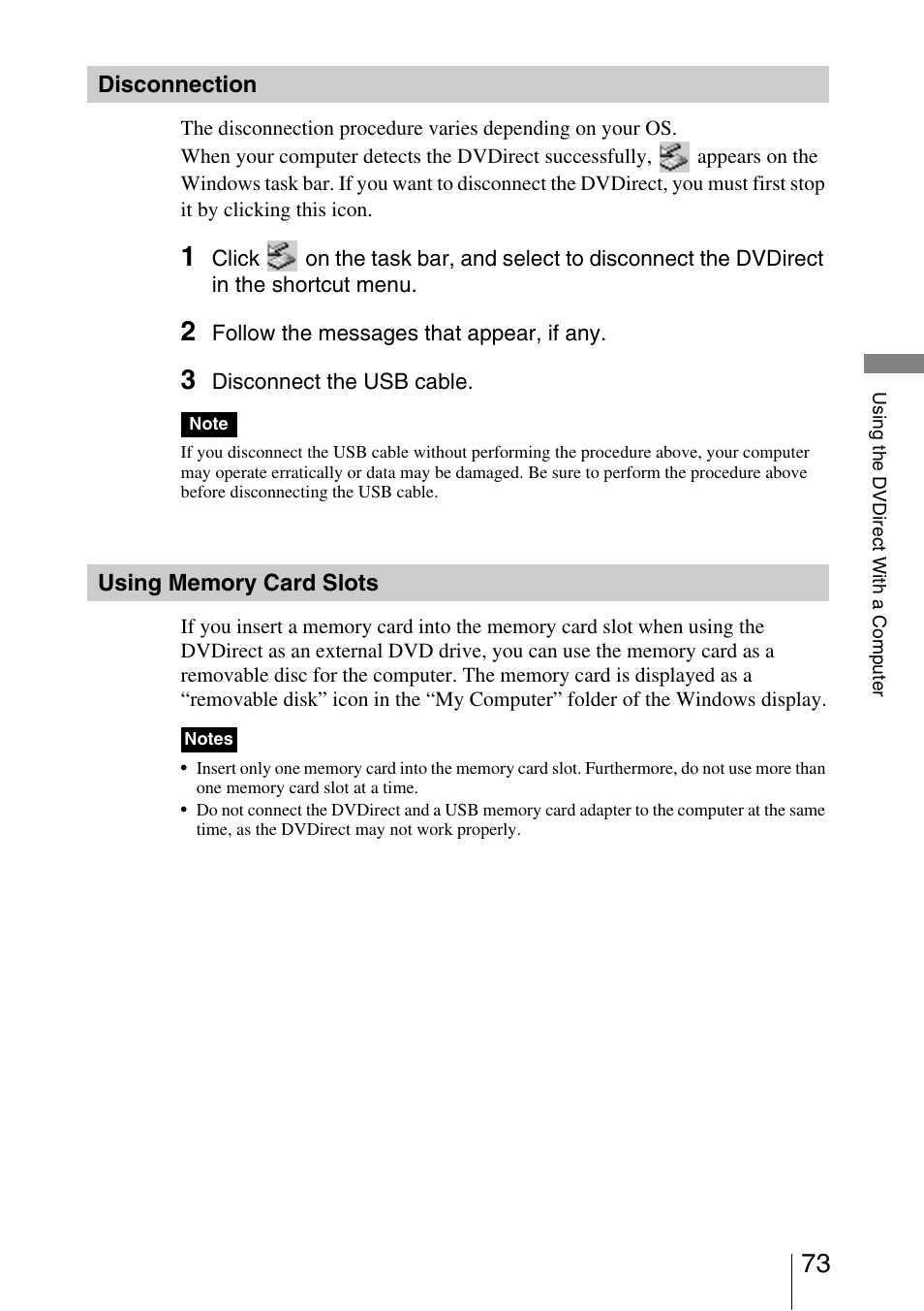 Disconnection, Using memory card slots | Sony VRD-MC3 User Manual | Page 73 / 88