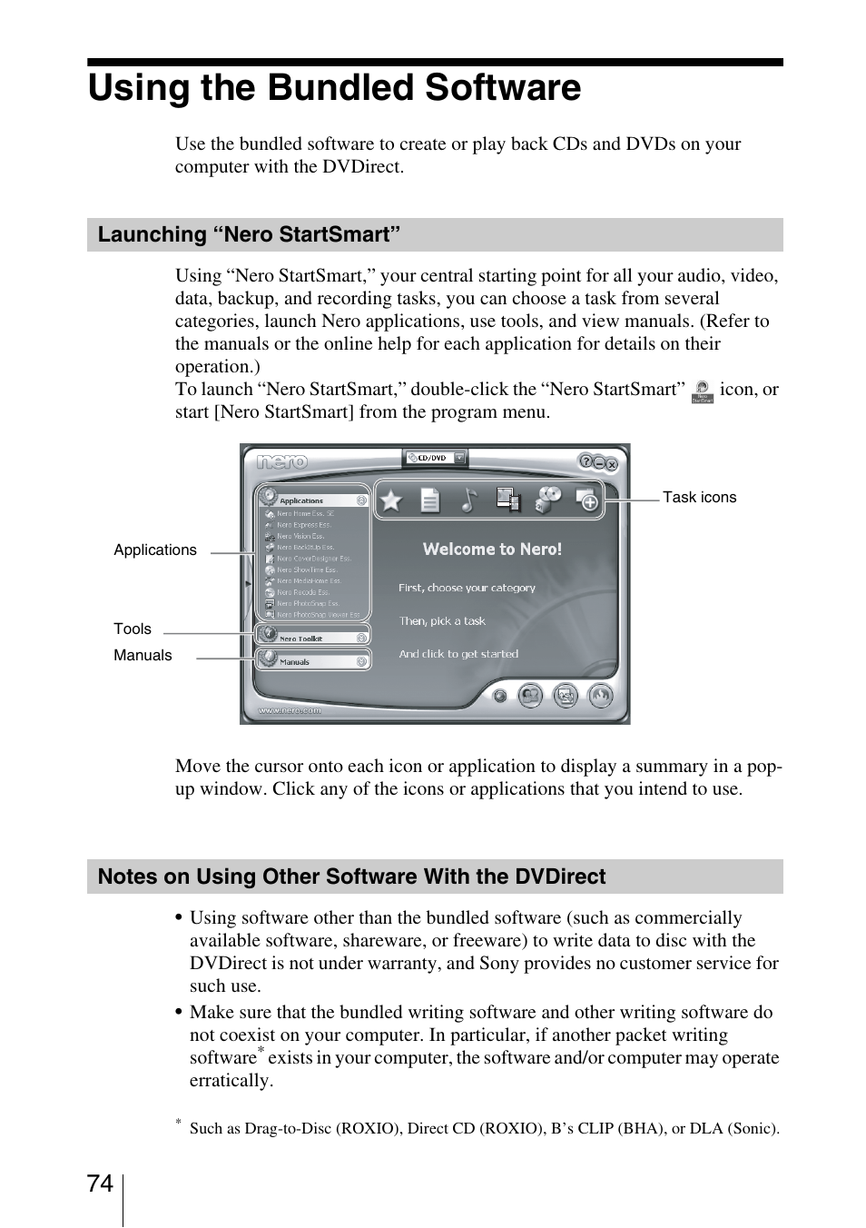 Using the bundled software, Launching “nero startsmart, Notes on using other software with the dvdirect | Sony VRD-MC3 User Manual | Page 74 / 88