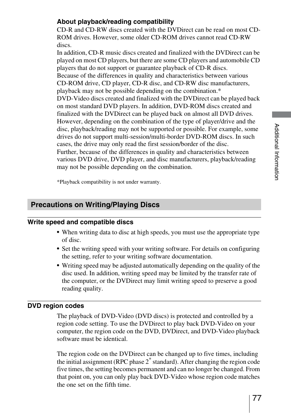 Precautions on writing/playing discs | Sony VRD-MC3 User Manual | Page 77 / 88