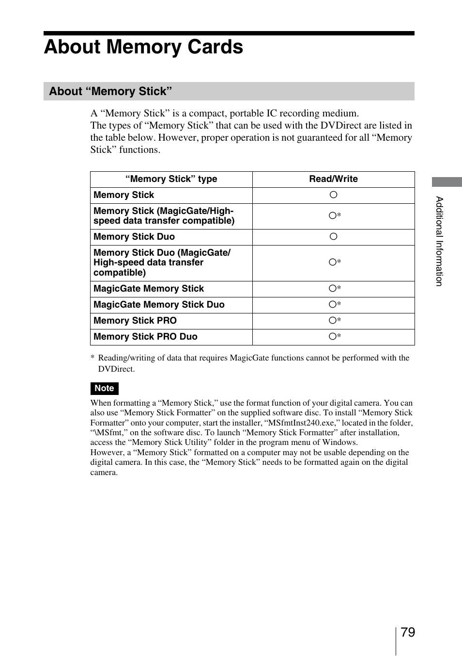 About memory cards, About “memory stick | Sony VRD-MC3 User Manual | Page 79 / 88