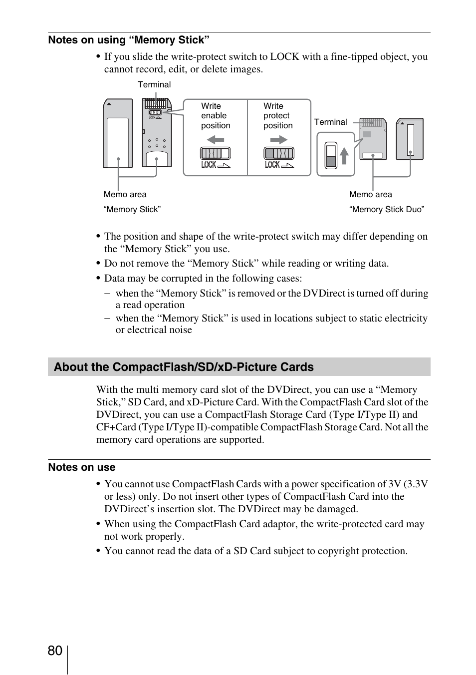 About the compactflash/sd/xd-picture cards, About the compactflash/sd/ xd-picture cards | Sony VRD-MC3 User Manual | Page 80 / 88