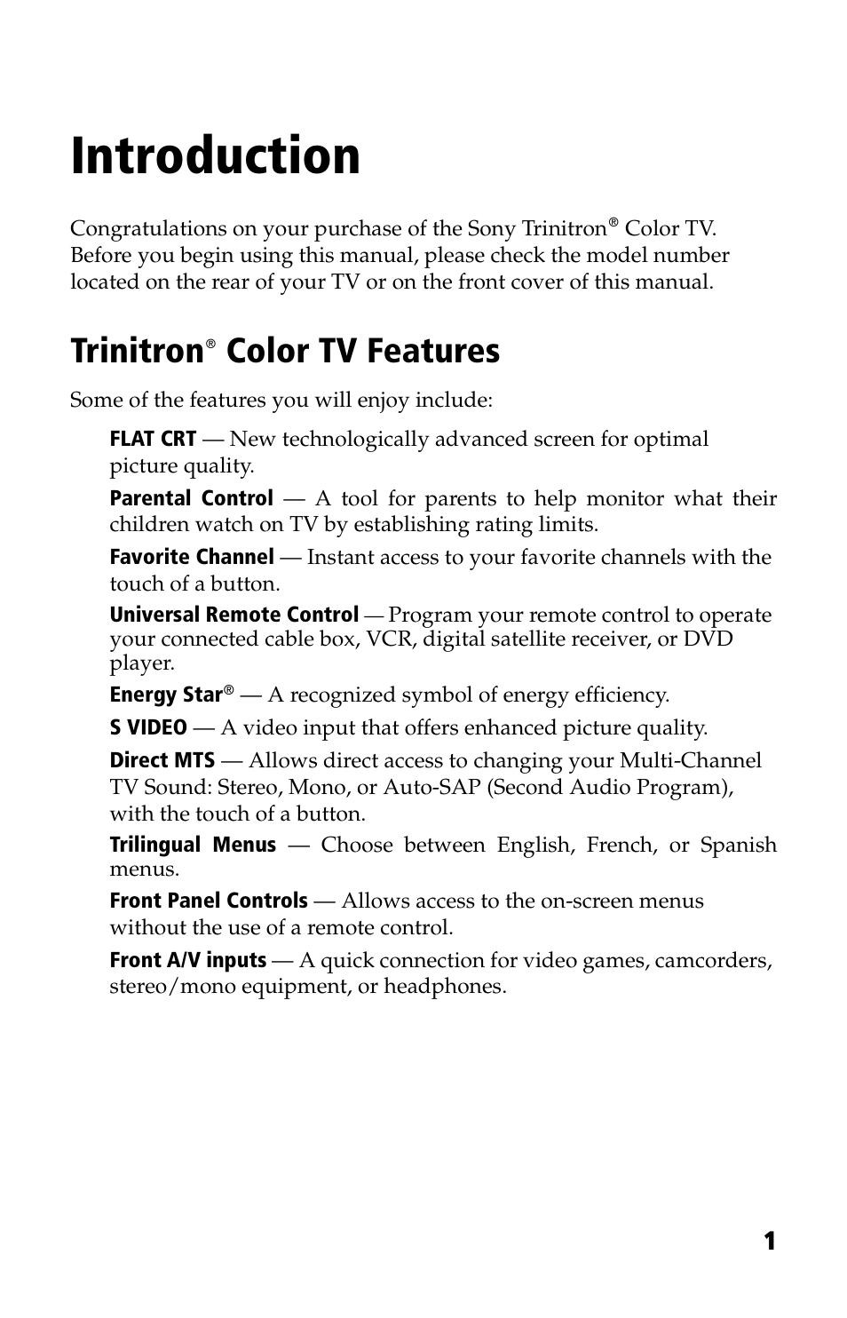 Introduction, Trinitron color tv features, Trinitron | Sony WEGA KV-24FV12 User Manual | Page 13 / 52