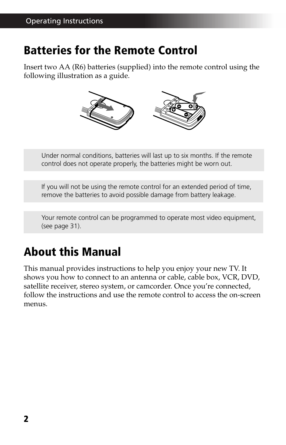 Batteries for the remote control, About this manual, Batteries for the remote control about this manual | Sony WEGA KV-24FV12 User Manual | Page 14 / 52