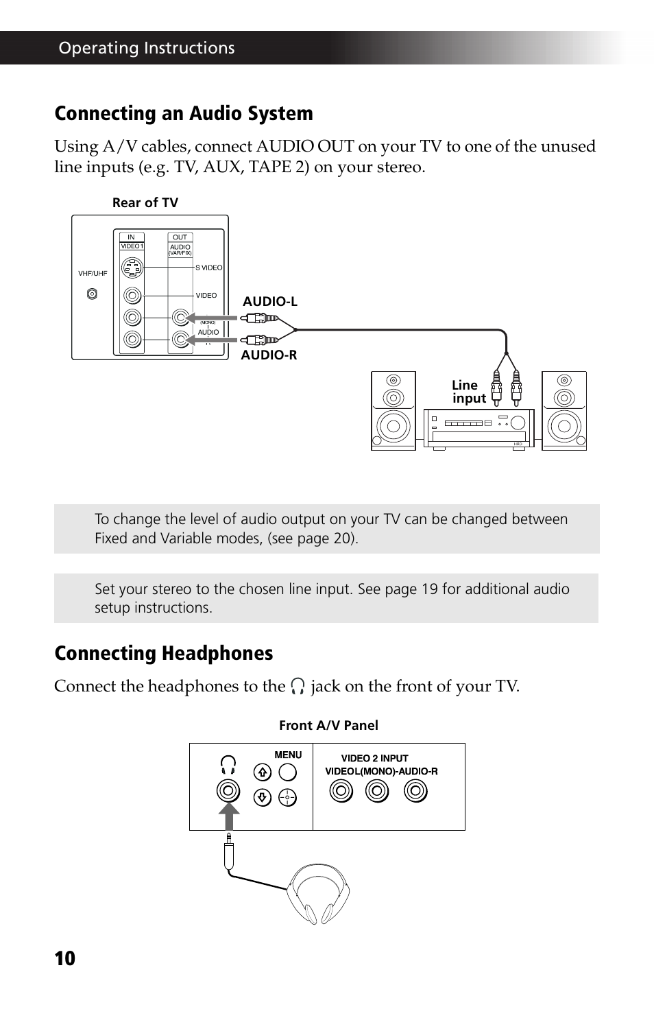 Connecting an audio system, Connecting headphones | Sony WEGA KV-24FV12 User Manual | Page 22 / 52