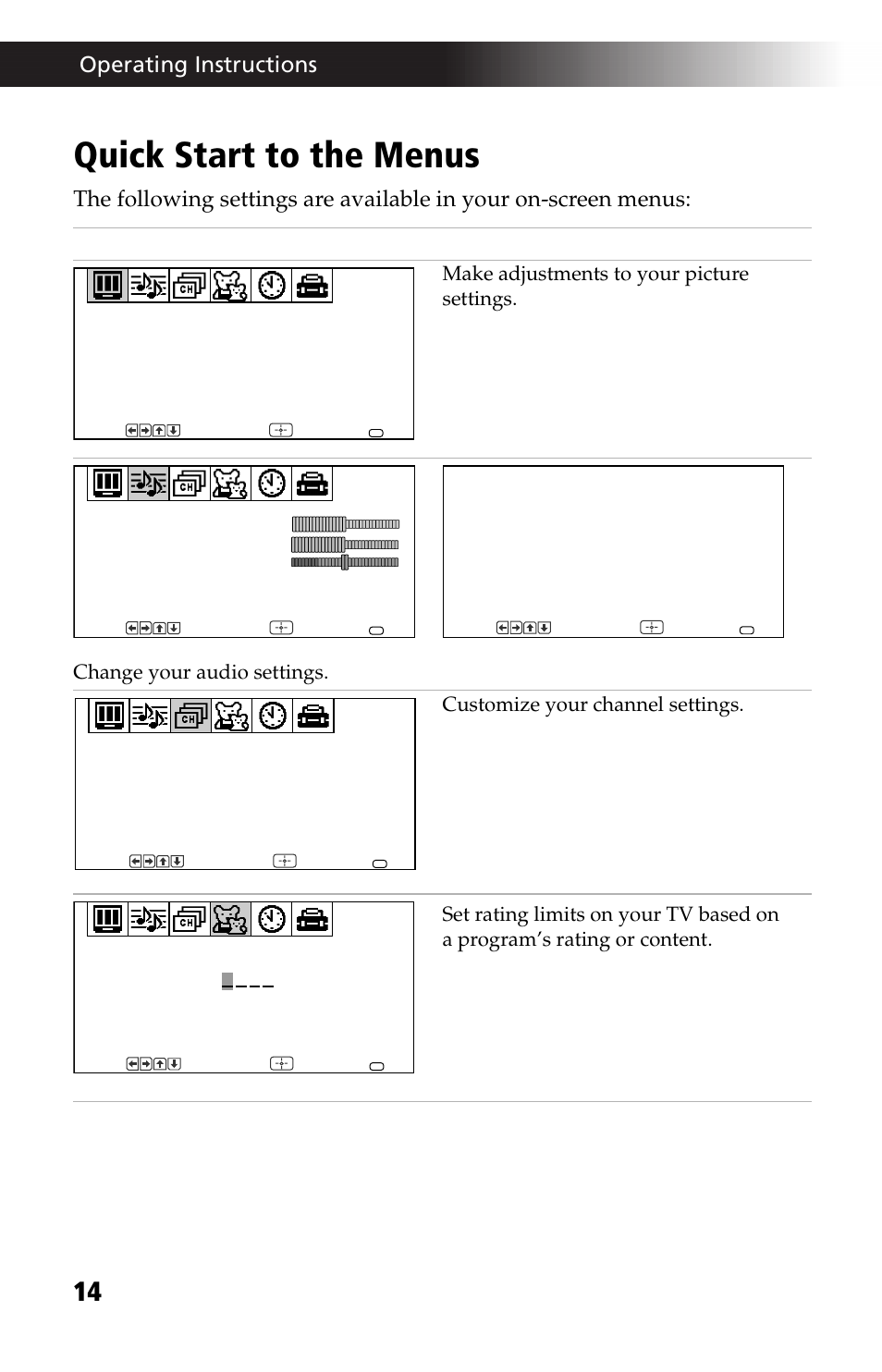 Quick start to the menus, Operating instructions | Sony WEGA KV-24FV12 User Manual | Page 26 / 52