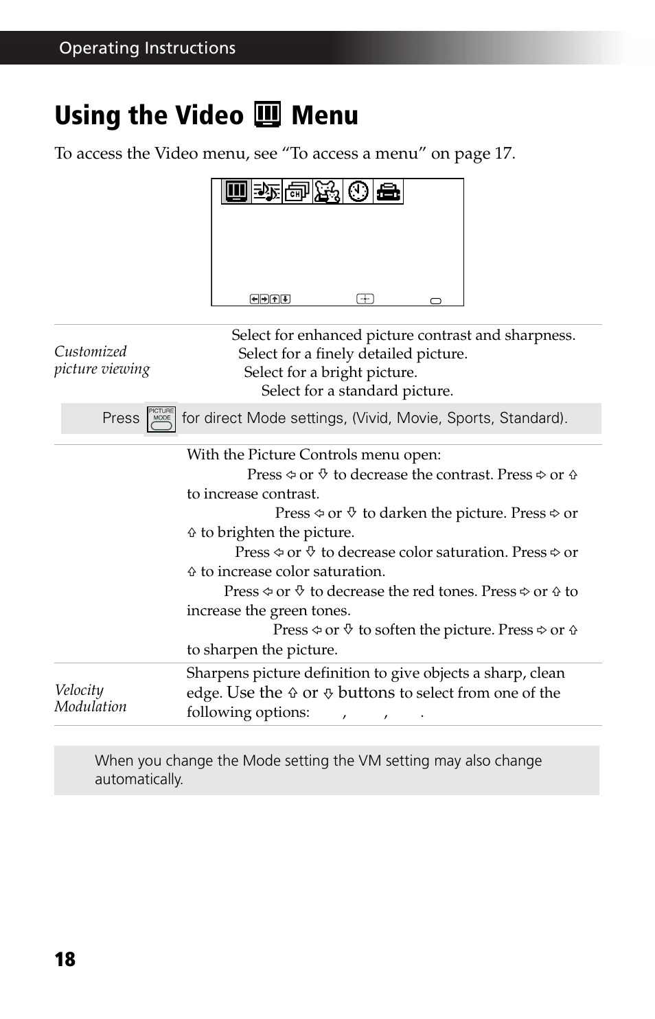 Using the video menu | Sony WEGA KV-24FV12 User Manual | Page 30 / 52