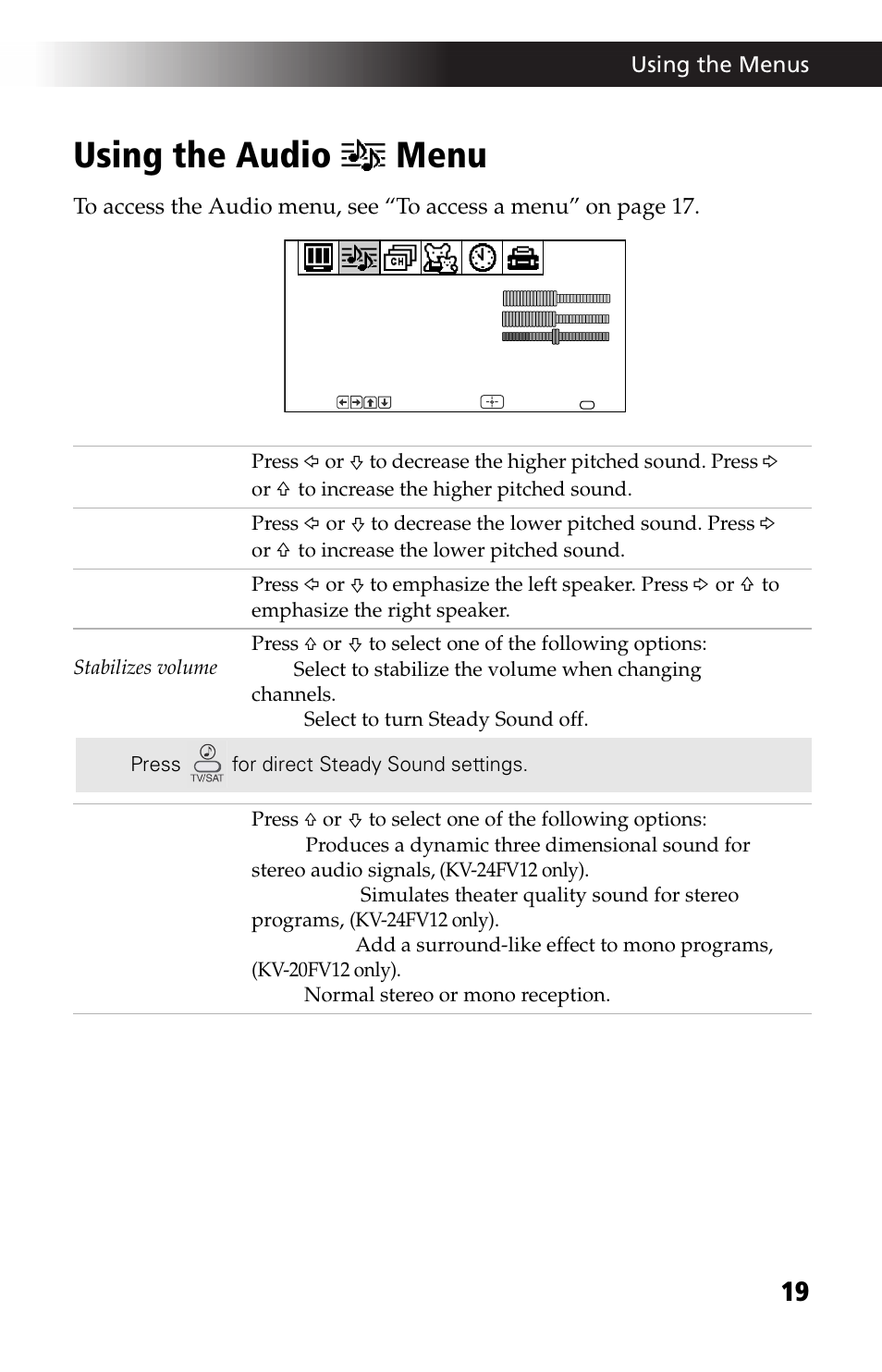 Using the audio menu | Sony WEGA KV-24FV12 User Manual | Page 31 / 52