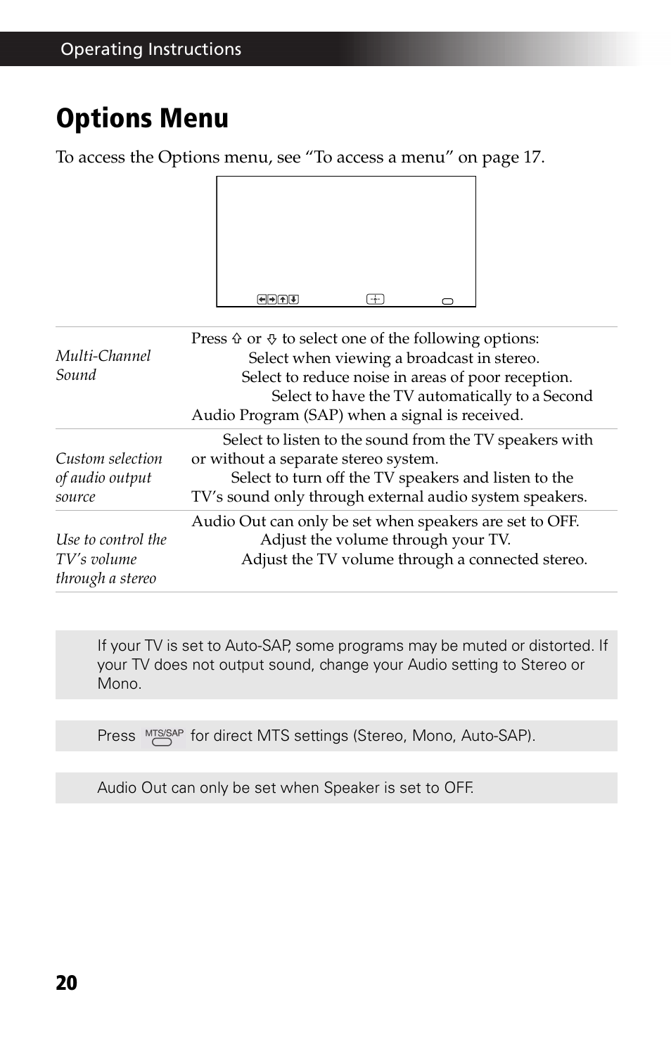 Options menu | Sony WEGA KV-24FV12 User Manual | Page 32 / 52