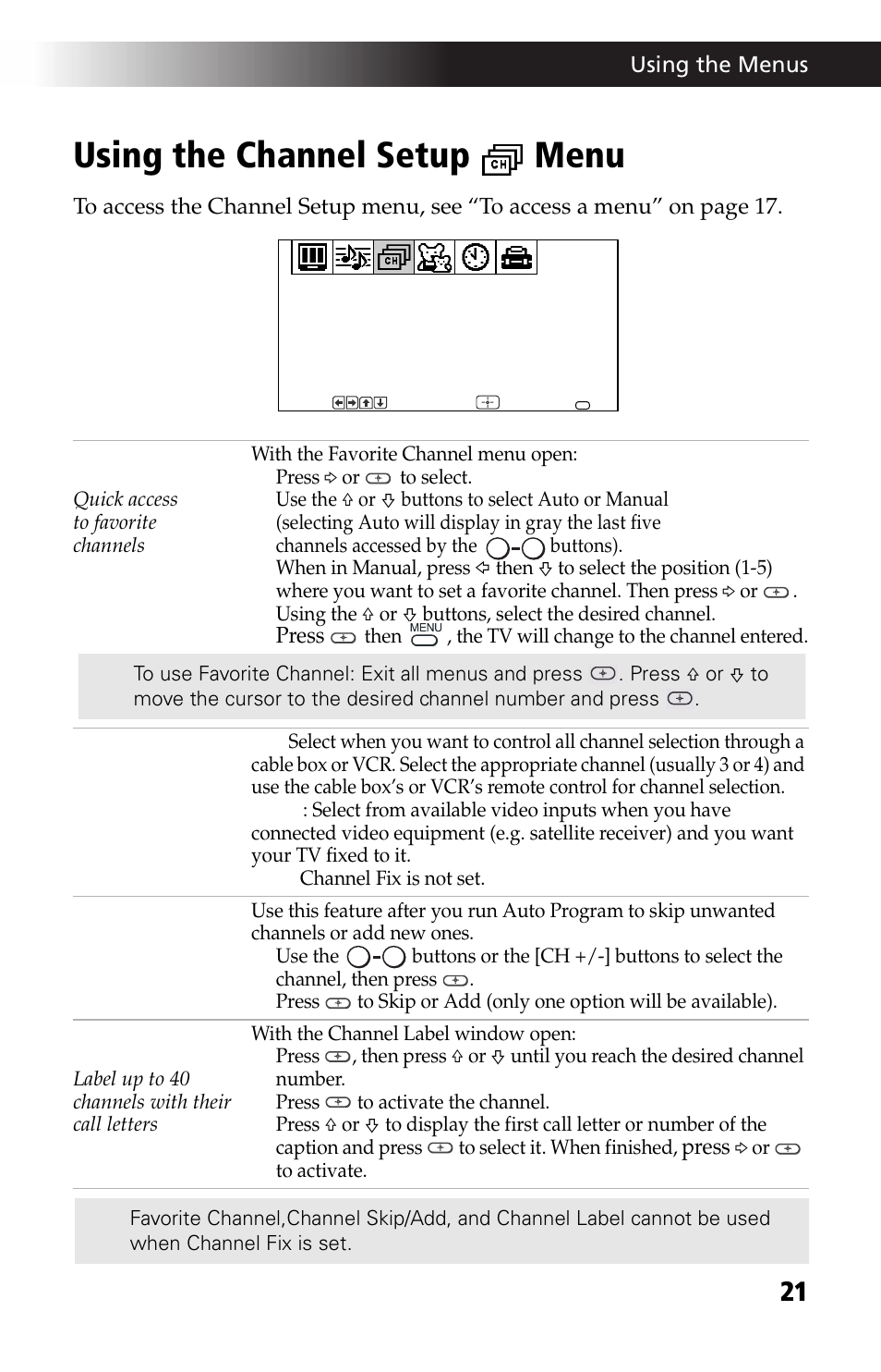 Using the channel setup menu | Sony WEGA KV-24FV12 User Manual | Page 33 / 52
