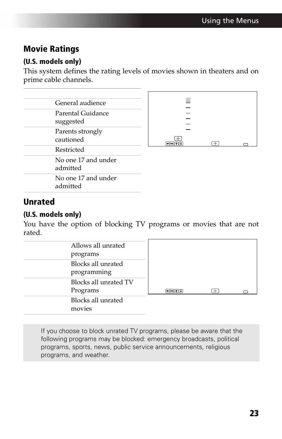 23 movie ratings, Unrated, Using the menus | Sony WEGA KV-24FV12 User Manual | Page 35 / 52