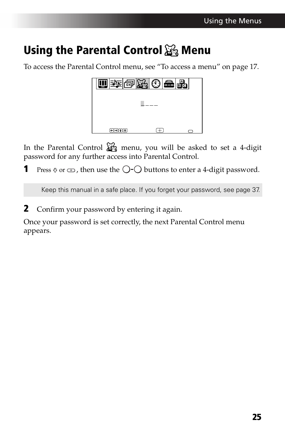 Using the parental control menu, Using the parental control, Menu | Sony WEGA KV-24FV12 User Manual | Page 37 / 52