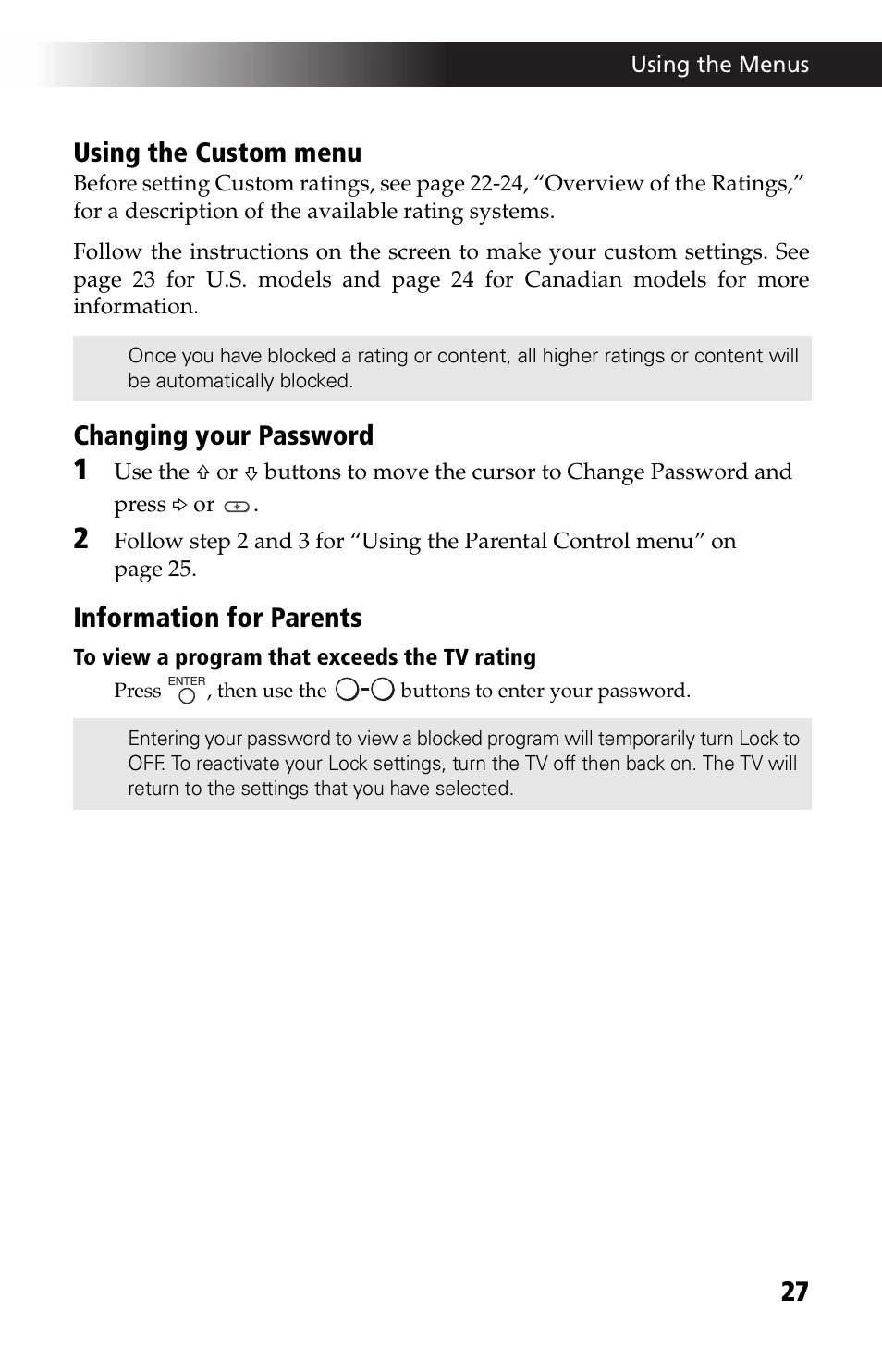 27 using the custom menu, Changing your password, Information for parents | Sony WEGA KV-24FV12 User Manual | Page 39 / 52