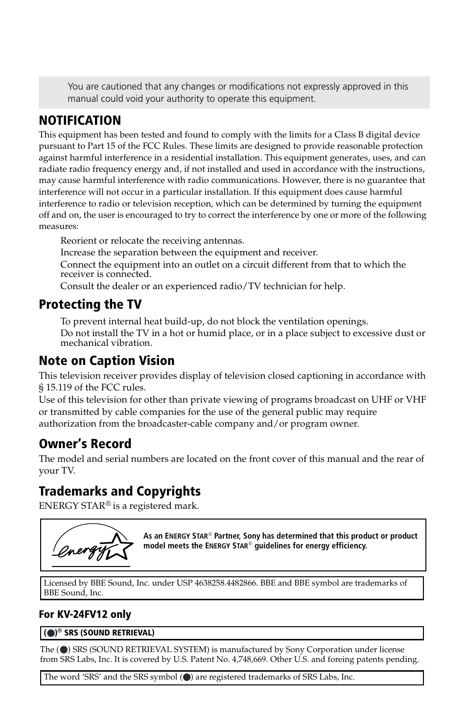 Notification, Protecting the tv, Owner’s record | Trademarks and copyrights, User guide | Sony WEGA KV-24FV12 User Manual | Page 4 / 52