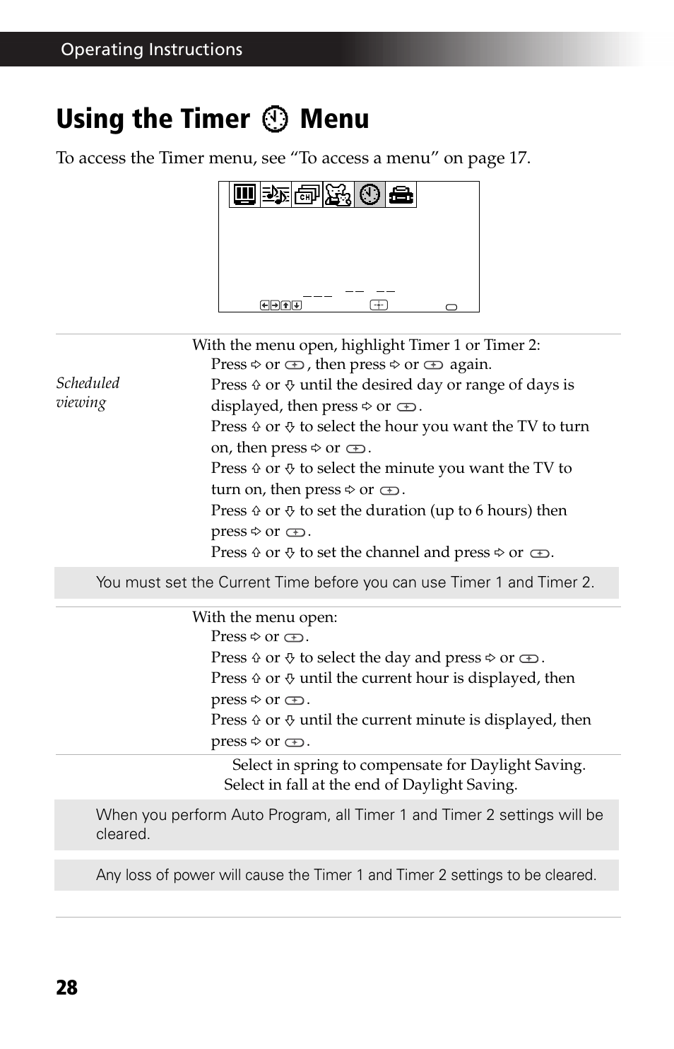 Using the timer menu | Sony WEGA KV-24FV12 User Manual | Page 40 / 52