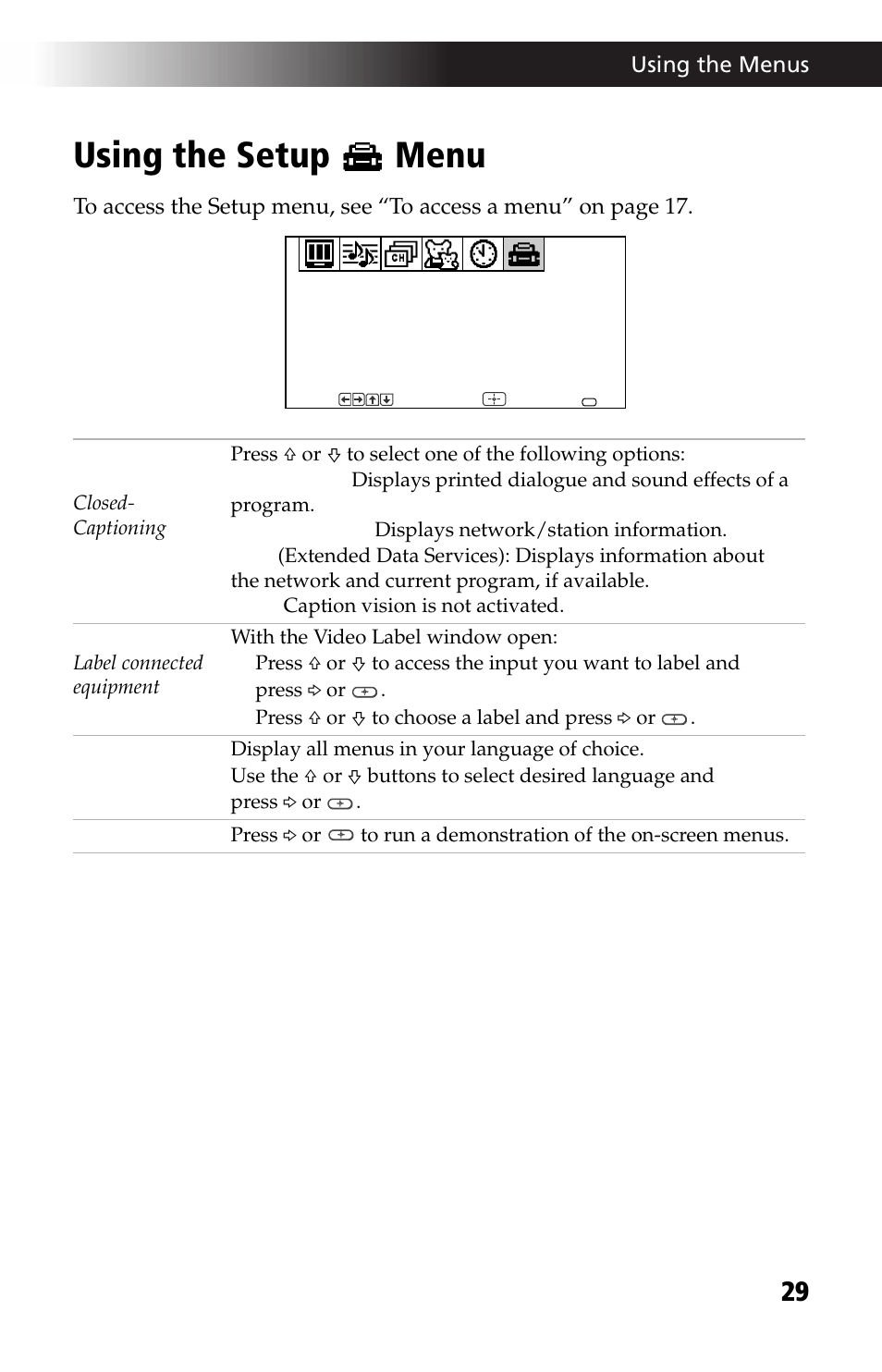 Using the setup menu | Sony WEGA KV-24FV12 User Manual | Page 41 / 52