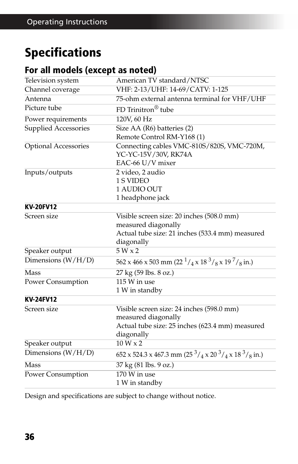 Specifications | Sony WEGA KV-24FV12 User Manual | Page 48 / 52