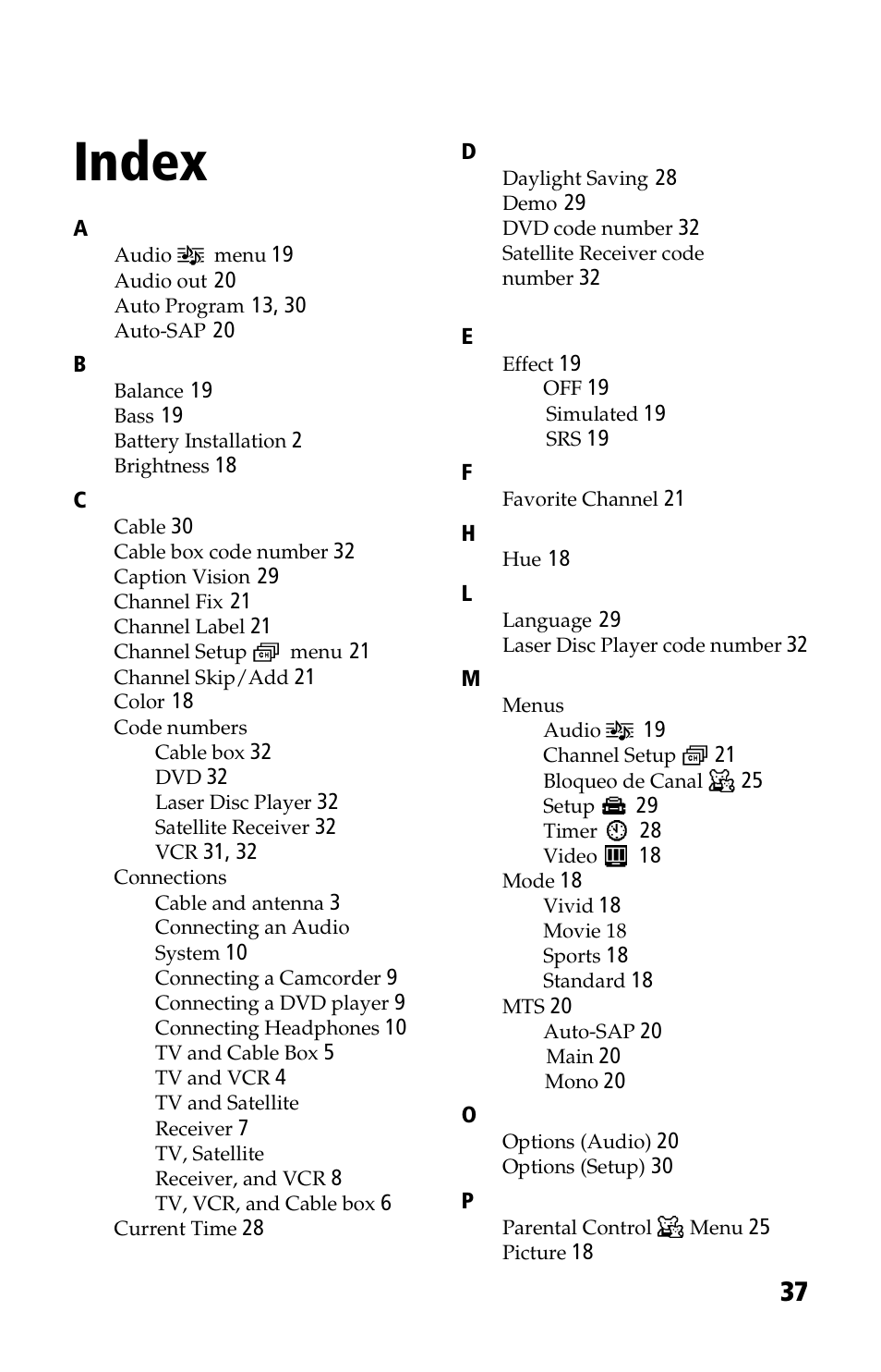 Index | Sony WEGA KV-24FV12 User Manual | Page 49 / 52