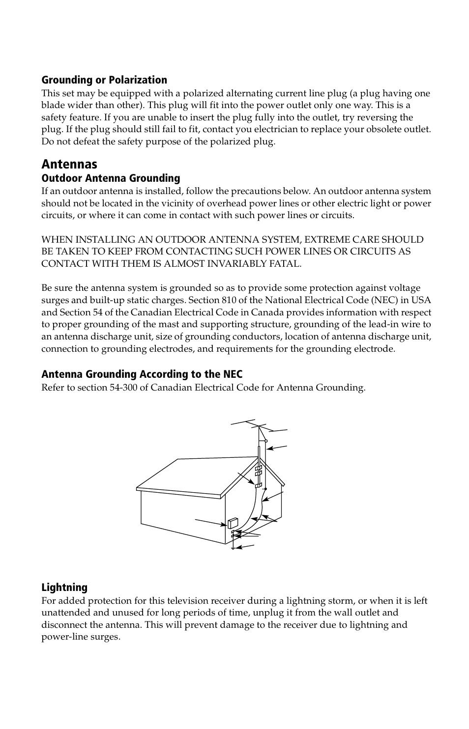 Antennas, User guide, Grounding or polarization | Outdoor antenna grounding, Antenna grounding according to the nec, Lightning | Sony WEGA KV-24FV12 User Manual | Page 8 / 52
