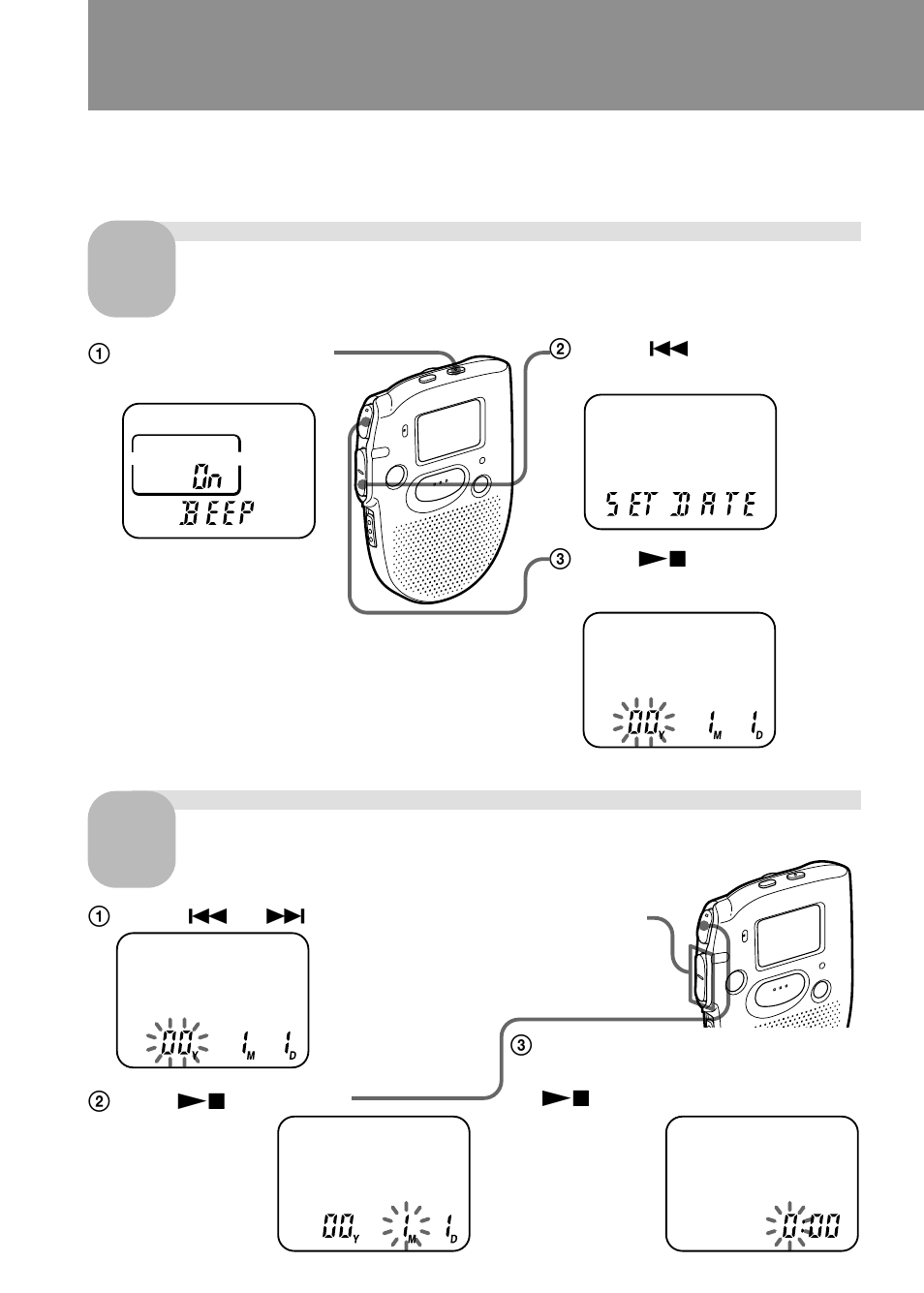 Step 2: setting the clock, Display the clock setting display. set the date | Sony ICD-47 User Manual | Page 8 / 36