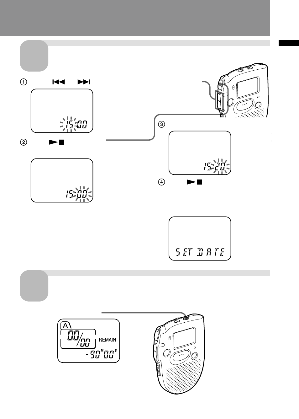 Set the time. exit from the menu mode | Sony ICD-47 User Manual | Page 9 / 36
