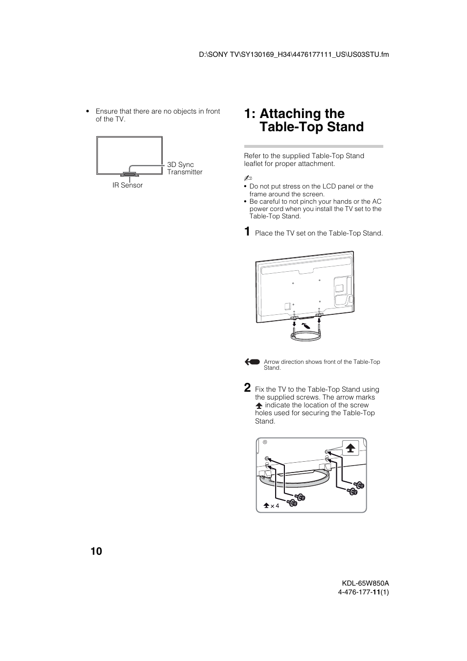 Attaching the table-top stand | Sony KDL-65W850A User Manual | Page 10 / 36