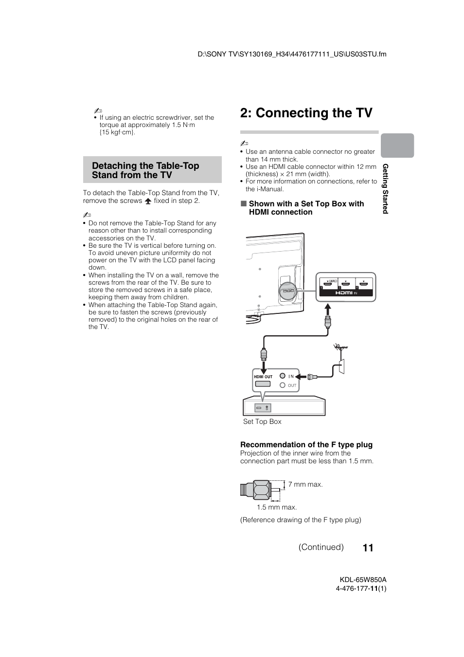 Connecting the tv, Detaching the table-top stand from the tv | Sony KDL-65W850A User Manual | Page 11 / 36