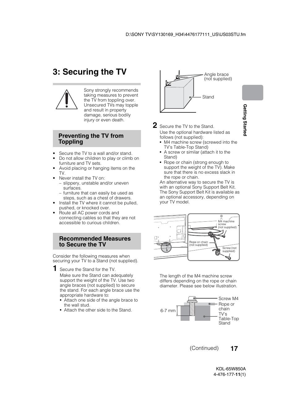 Securing the tv | Sony KDL-65W850A User Manual | Page 17 / 36