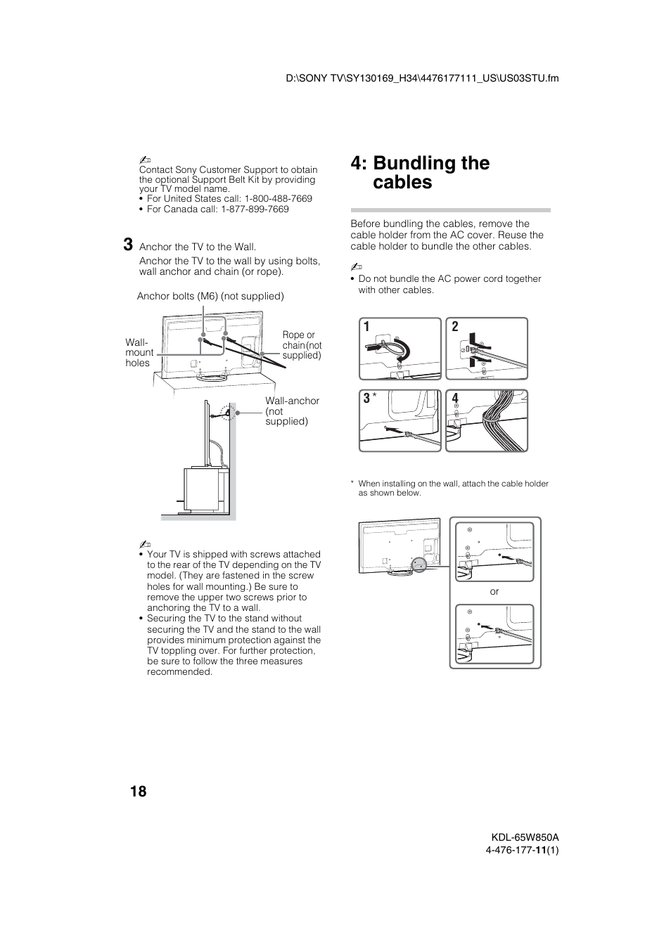 Bundling the cables | Sony KDL-65W850A User Manual | Page 18 / 36