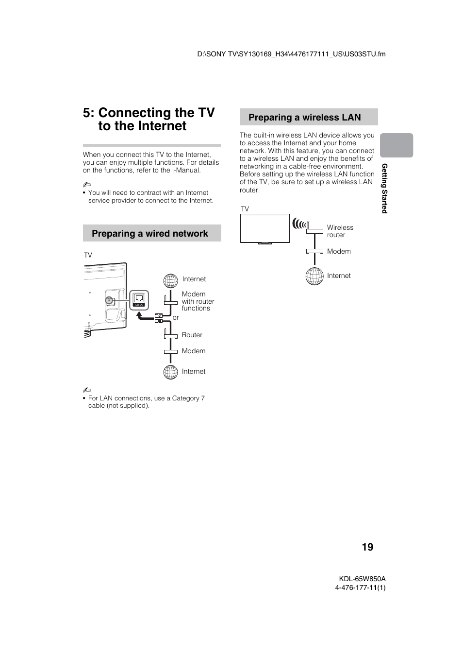 Connecting the tv to the internet, Preparing a wired network, Preparing a wireless lan | Sony KDL-65W850A User Manual | Page 19 / 36