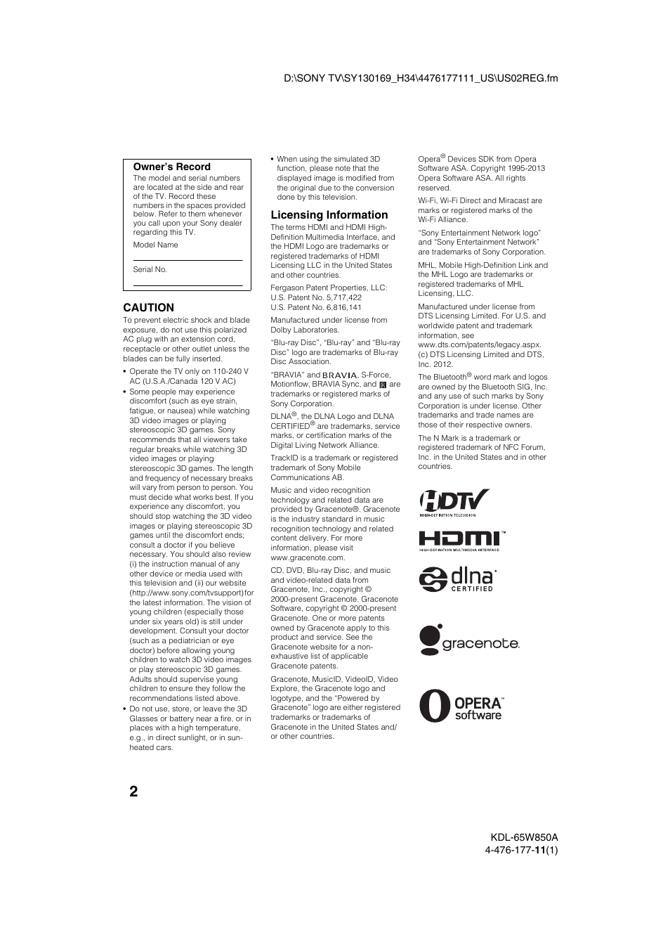 Caution, Licensing information | Sony KDL-65W850A User Manual | Page 2 / 36